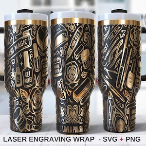 May include: Black and gold tumbler with a handle, featuring a laser-engraved design of nail art tools, roses, and text. The tumbler includes the phrases "MANI MAGIC", "GET NAILED", "NAIL DAY", "LOVE & POLISH", and "TRUST THE TECH".