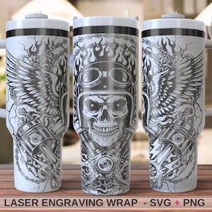 May include: White tumbler with a wraparound laser engraving design. The design features a skull wearing a pilot's helmet, wings, pistons, and flames. The tumbler has a white handle and lid. The text "LASER ENGRAVING WRAP - SVG + PNG" is at the bottom.