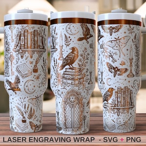 May include: A white tumbler with a handle and a copper-colored laser-engraved wrap featuring illustrations of ravens, books, moths, candles, keys, and gothic windows. The design includes celestial elements like moons and stars, with a white lid.