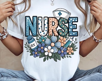 Conception PNG d'infirmière avec des fleurs, Clipart d'infirmière mignon, graphique floral médical, chemise d'infirmière PNG, sublimation de soins de santé | Graphique tendance d'infirmière