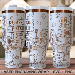 May include: Three white tumblers with handles featuring a copper-colored laser-engraved fall theme. Designs include a Pumpkin Patch sign, sunflowers, pumpkins, a farmhouse, and text reading Pumpkin Patch, Hayrides, Cider, Apple Donuts, and Fall Fun Family Time.