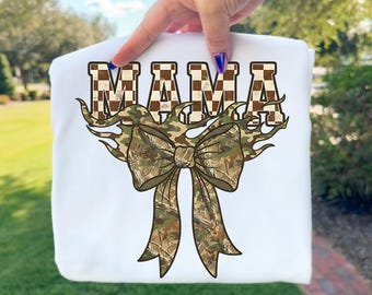 Hunting Mama Camo Western Retro PNG, Trendy Mom Shirt Sublimation Design, Camo Print Hunter Mom Camo, Camo Antler Bow Mama Design