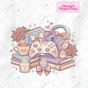 May include: A digital illustration featuring a gaming controller, headphones, books, roses, candles, and a coffee cup. The color palette includes soft pinks, blues, and creams. The image has a romantic, cozy theme with hearts and bows.