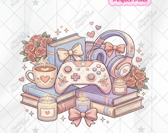 Chica gamer acogedora PNG para camisetas, estética gamer literaria PNG, diseño gamer de autocuidado, diseño femenino de gamer acogedor PNG