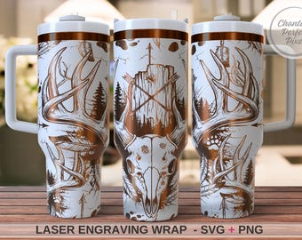 Deer Skull Laser Tumbler Wrap SVG PNG | Antler Hunting Full Wrap for 40oz Tumblers | Western Engraving Design