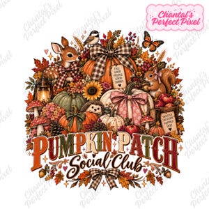 Könnte beinhalten: Eine digitale Illustration mit Kürbissen, einem Reh, einem Eichhörnchen, einem Igel, einem Vogel und einem Schmetterling, umgeben von Herbstblättern, Pilzen und einer Laterne. Der Text lautet PUMPKIN PATCH Social Club, FALL GOOD PEOPLE GOOD THINGS und SWEATER WEATHER HAPPIER HERE.