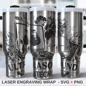 May include: Stainless steel travel tumbler with a black and white engraved design. The design features medical ultrasound imagery, floral elements, and the words "ULTRASOUND TECH". The tumbler has a black handle and a white lid.