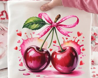 Laço de Cerejas para o Dia dos Namorados PNG, Cerejas em Aquarela Rosa com Laço em Formato de Coração para Sublimação, Download Digital para Camisetas, Copos e Artesanato Coquette