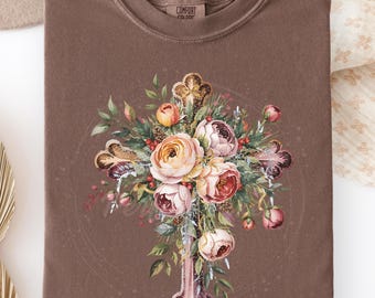 Peony Floral Cross PNG, Christian Flower Cross Design, Elegant Faith PNG, Floral Cross Sublimation, Religious Digital Download
