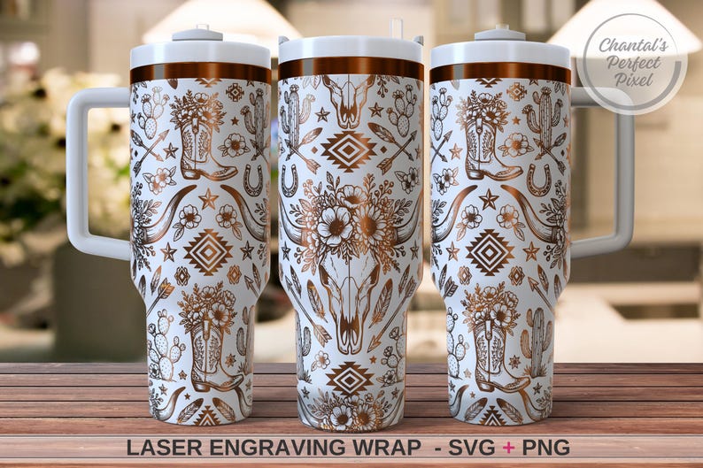 May include: A white tumbler with a copper-colored laser-engraved pattern featuring cowboy boots, cacti, flowers, arrows, horseshoes, and a steer skull. The design includes geometric shapes and stars. The tumbler has a white handle and lid.