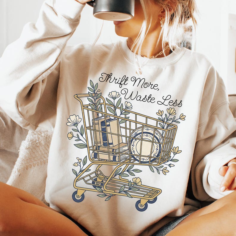 May include: Cream-colored sweatshirt with a graphic of a shopping cart filled with books and plates, surrounded by floral elements. The text "Thrift More, Waste Less" is above the cart.