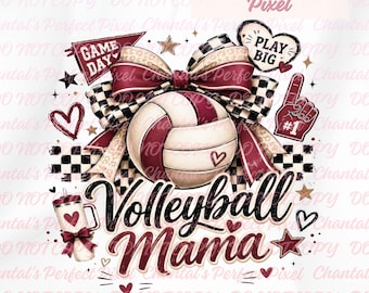 Volleyball Mama PNG, Maroon Bow Volleyball Sublimation Design, Checkered Game Day Volleyball Mom Png, Volleyball Mom Gift Png