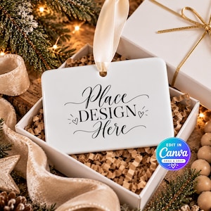 Ornament Packaging Mockup, 4x3 Rectangle Ceramic Ornament Mockup, Gift Box Canva Mockup, Christmas Unboxing Drag and Drop Template