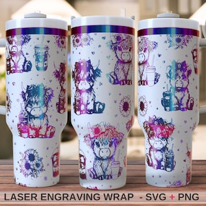 May include: White tumbler with a wraparound design of Highland cows, sunflowers, and drinks in purple, blue, and pink. The tumbler has a white handle and lid with a rainbow band. The text "LASER ENGRAVING WRAP - SVG + PNG" is at the bottom.