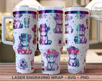 Highland Cow Engraving Wrap SVG PNG, Cute Cow Tumbler Wrap 40oz, Farmhouse Laser File, Coffee Cow Floral Wrap, Animal Engraving Design