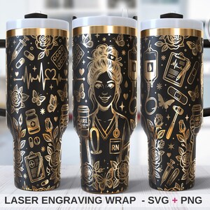 May include: Black and gold insulated travel mug with a nurse design. The mug has a black background with gold floral and medical illustrations, including a nurse, butterflies, and medical tools. It has a black handle and a white lid.