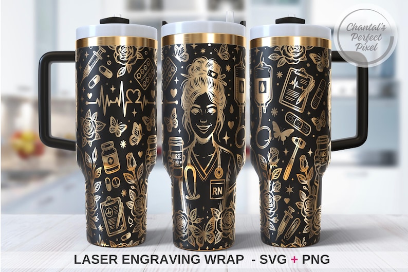 May include: Black and gold insulated travel mug with a nurse design. The mug has a black background with gold floral and medical illustrations, including a nurse, butterflies, and medical tools. It has a black handle and a white lid.