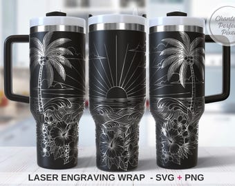 Strand Sonnenuntergang Laser Gravur Wrap SVG PNG | Tropisches Palmen-Ozean-Ganze Wrap | Küsten Laser-Datei-Design | Laser Wrap 40 Unzen Strand Tumbler SVG