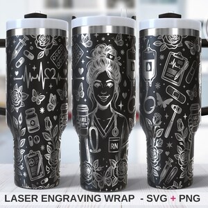 May include: Black stainless steel travel mug with a white lid and handle. The mug has a laser-engraved design of medical symbols, butterflies, roses, and a nurse. The text "Nurse" and "RN" are visible. A great gift for nurses.