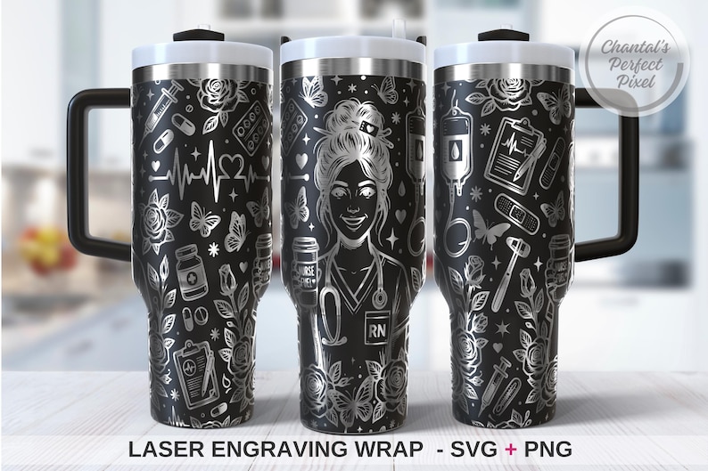 May include: Black stainless steel travel mug with a white lid and handle. The mug has a laser-engraved design of medical symbols, butterflies, roses, and a nurse. The text "Nurse" and "RN" are visible. A great gift for nurses.
