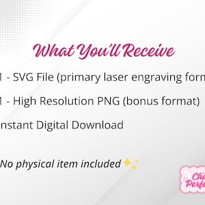 May include: Image with text: "What You'll Receive" and a list of digital download formats: SVG, PNG, and Instant Digital Download. The text also states "No physical item included" and includes a logo for "Chantal's Perfect Pixel."