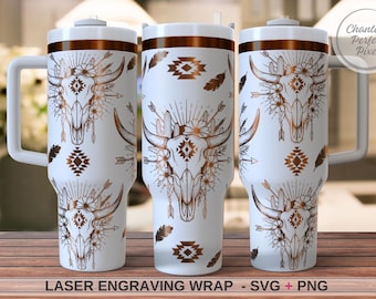 Boho Cow Skull Engraving Wrap SVG PNG, Floral Western Tumbler Engraving Design, Aztec Cowgirl Laser Wrap File, Cactus Desert Pattern