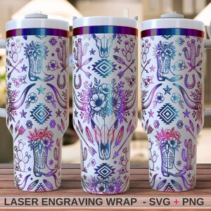 May include: Three white tumblers with handles featuring a gradient blue and purple laser-engraved pattern of cowboy boots, cacti, flowers, arrows, horseshoes, and a steer skull. The text LASER ENGRAVING WRAP - SVG + PNG is at the bottom.