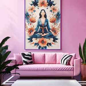 Meditating Woman Floral Art Print-Zen Goddess Wall Art-Boho Yoga Poster-Feminine Energy Illustration-Spiritual Decor for Healing Spaces