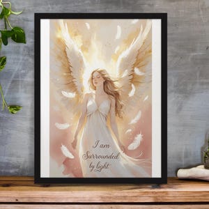 Ethereal Angel Wall Art Print-I Am Surrounded by Light-Inspirational Spiritual Decor-Serene Guardian Angel Illustration for Home