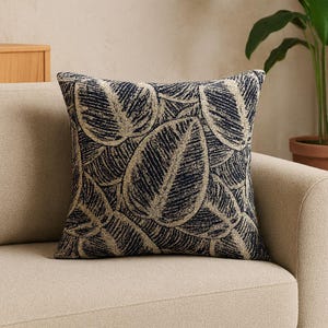 Navy Blue Velvet Pillow Cover: Modern Leaf Pattern Throw Cushion