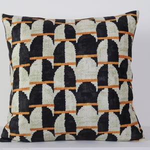 Black Cream Ikat Velvet Pillow Cover – Art Deco Geometric Throw Cushion