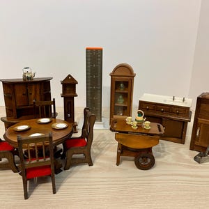Dollhouse Furniture, Farmhouse Dollhouse, Mini Cabinets, Rustic Miniature Furniture, Vintage Dollhouse, Miniatures, Dining