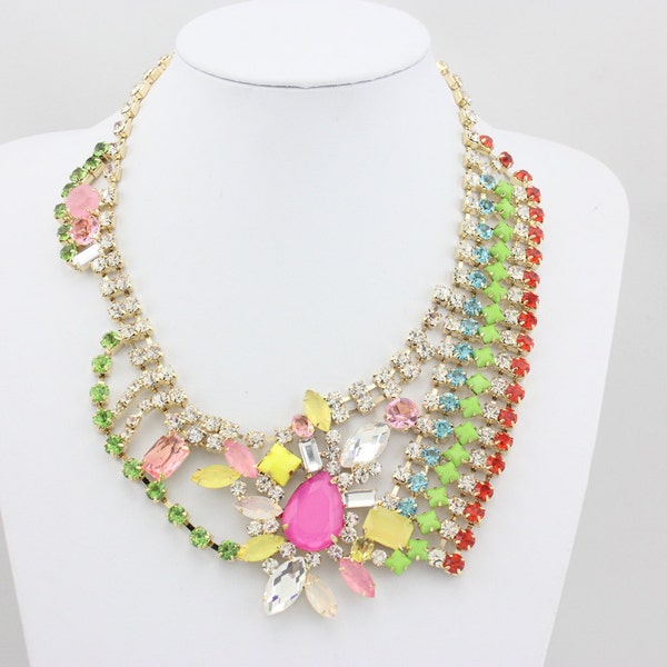 Fashion Rhinestones Necklace, Multicolor Collar Necklace, Statement Jewelry Necklace.