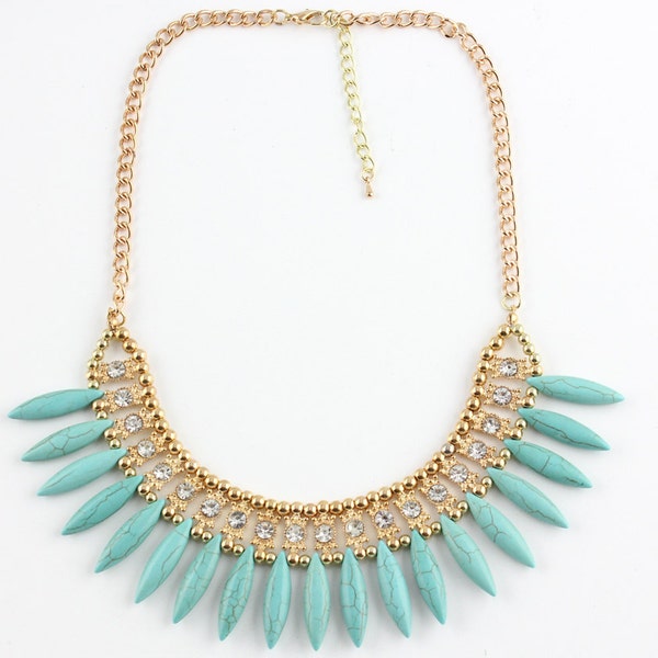 Statement Necklace, Turquoise Statement Necklace with Rhinestones.