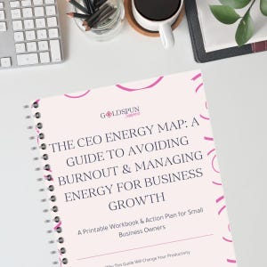 Op de afbeelding: Een spiraalgebonden werkboek met de titel "THE CEO ENERGY MAP: A GUIDE TO AVOIDING BURNOUT & MANAGING ENERGY FOR BUSINESS GROWTH." De cover is lichtroze met roze accenten en het logo "Goldspun Support". Een toetsenbord en een koffiekopje zijn zichtbaar.