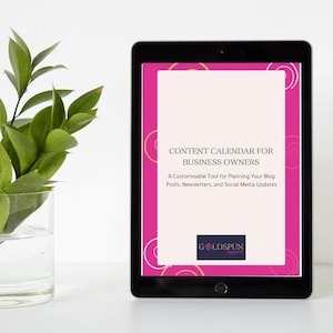 May include: A black tablet displays a pink and cream-colored digital document. The document's text reads "CONTENT CALENDAR FOR BUSINESS OWNERS" and "A Customisable Tool for Planning Your Blog Posts, Newsletters, and Social Media Updates."