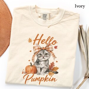 Camiseta Comfort Colors® Hello Pumpkin, Lindo regalo para amantes de los gatos, Regalo de gatito de otoño, Camiseta de gatito de otoño, Top de campo de calabazas de Halloween, Camiseta de gato de otoño