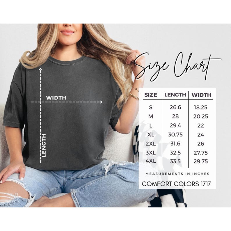 Size chart with garment measurements for Comfort Colors 1717 t-shirts.