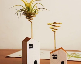 Minimalistyczny drewniany stojak na rośliny powietrzne, rustykalna dekoracja biurka, prezent w stylu boho nature zen, stojak na biurko szkolne z oplątwą