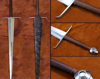 May include: A long, silver sword with a brown handle and a cross-shaped guard. The sword is displayed with its black leather sheath. Close-up shots highlight the blade, handle, and pommel details. The sword's blade is approximately 36 inches long.