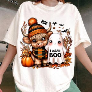 Halloween Cute highland cow fall ghost PNG, Spooky season autumn cow shirt PNG, Halloween pumpkin spice PNG, Ghost sublimation digital