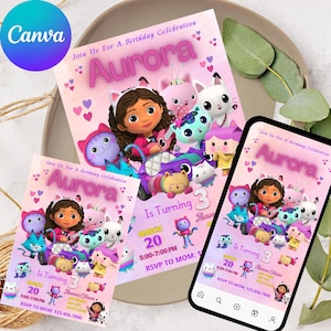Gabbys Dollhouse Birthday Invitation | Editable Gabby&#39;s Kids Birthday invite | Pandy Template Editable Printable | Invite Instant Download