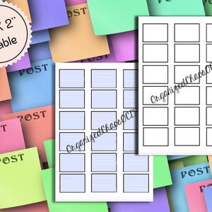 May include: Two sheets of paper with a grid of squares, labeled "Organized Chaos OCD", are displayed against a backdrop of colorful sticky notes. The sticky notes are in various colors, with the word "POST" printed on them. A circular label reads "1.5" X 2" Fillable".