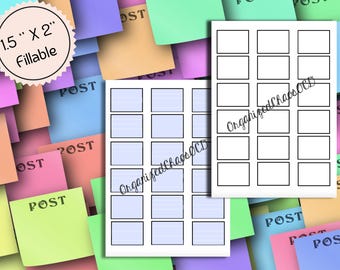 May include: Two sheets of paper with a grid of squares, labeled "Organized Chaos OCD", are displayed against a backdrop of colorful sticky notes. The sticky notes are in various colors, with the word "POST" printed on them. A circular label reads "1.5" X 2" Fillable".