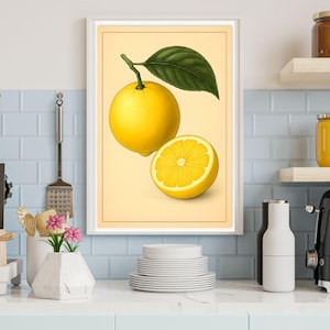 Lemon Botanical Wall Art Printable – Vintage Citrus Kitchen Decor – Digital Download Fruit Poster – Farmhouse Kitchen Wall Art
