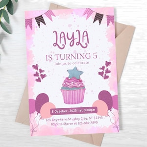 Editable Birthday Invitation Girl, Pink Cupcake Party Invite, Pastel Party, Canva Template, Instant Download, Digital Kids Party Invite