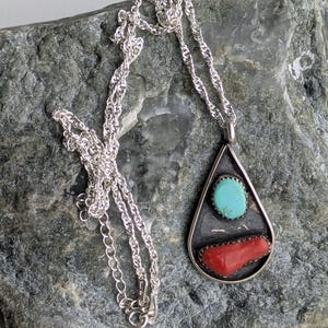 Turquoise and Coral 925 Silver Pendant w/ Necklace