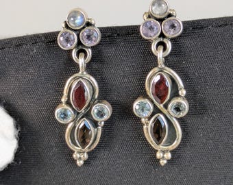 Vintage Multi Gem Silver Drop Earrings