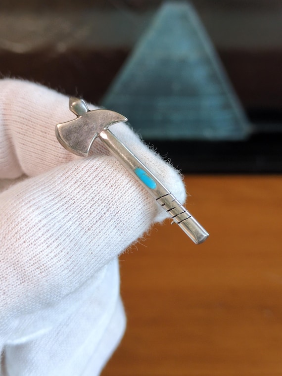 Vintage Silver Hatchet Brooch Pin — Turquoise Inlay | Southwestern Axe Pin, Tested Silver