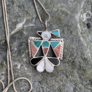 Silver Bird Pendant w/ Gemstone Inlay and Silver Necklace